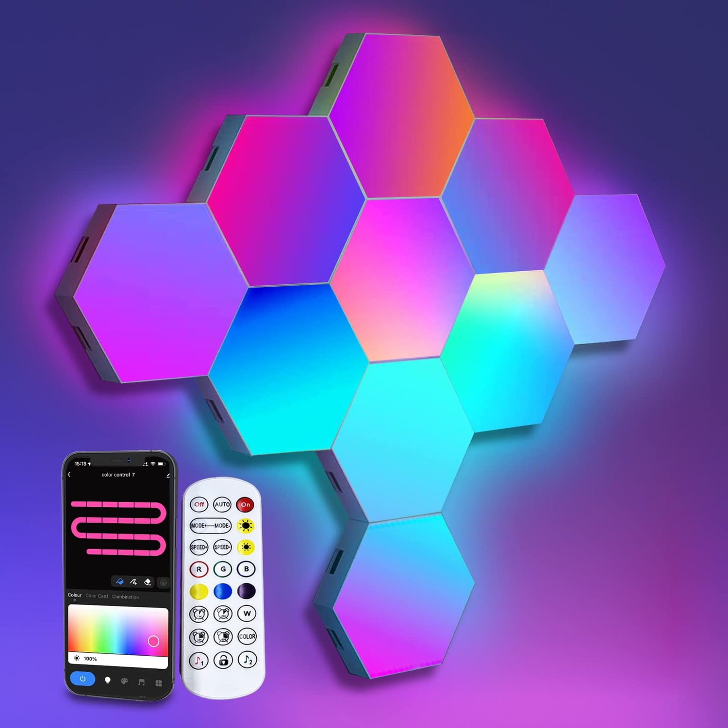 Amailtom Hexagon LED Light Panels, 10 Pack, rgbic multicolour hexagon light panel