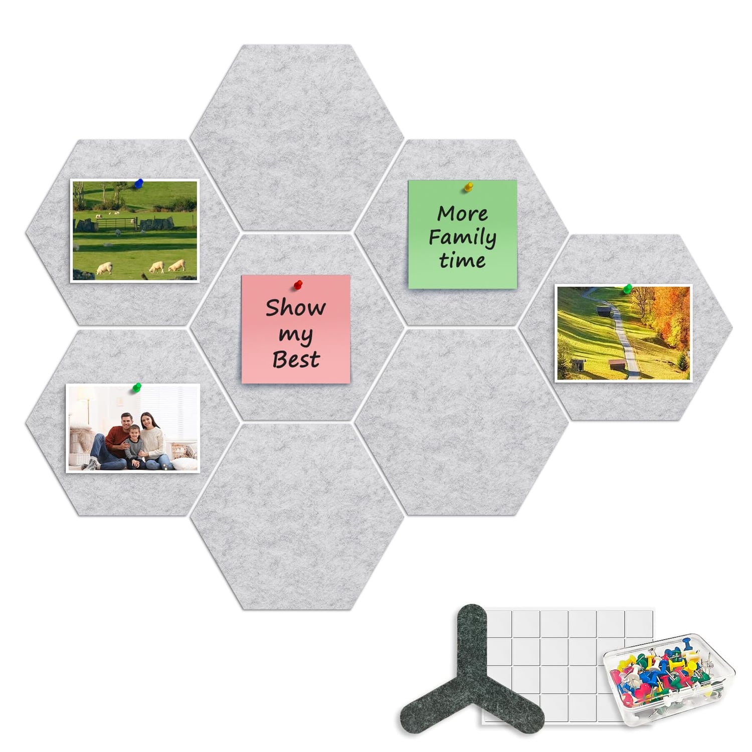 ANLIOTE Hexagon Felt Notice Board Tiles, Light Grey, 8 Pack, light grey hexagon pin board tile