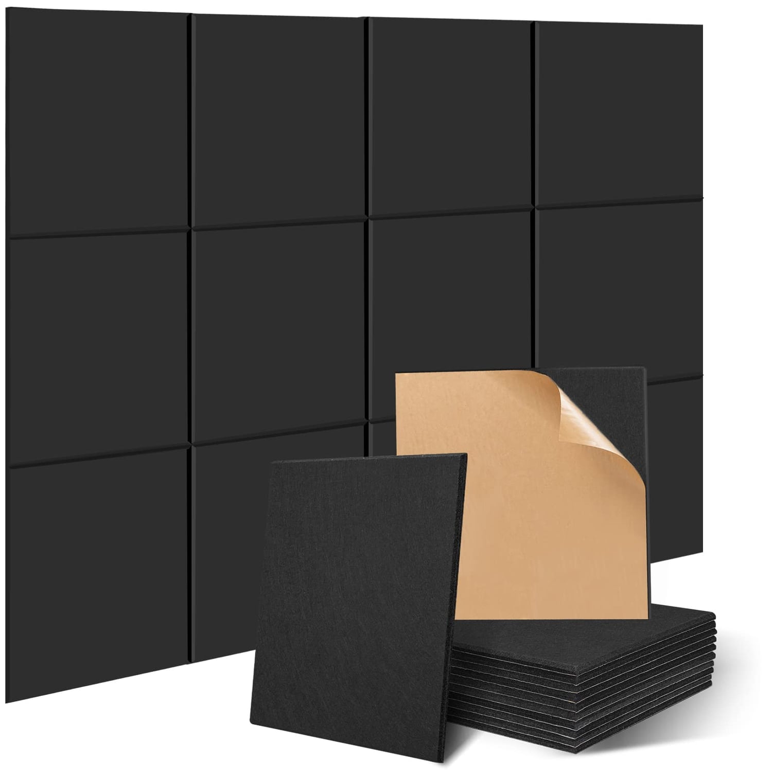 JAMELO Acoustic Panels, Black, 12 Pack, black hexagon panel