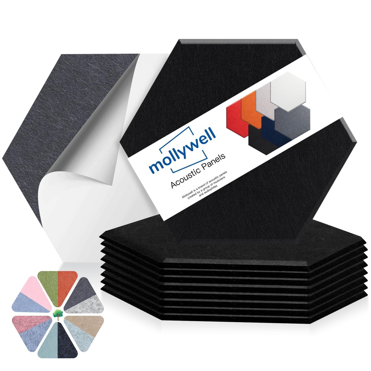 Mollywell Hexagon Acoustic Panels, Black, 8 Pack, 35 x 30cm, black hexagon panel