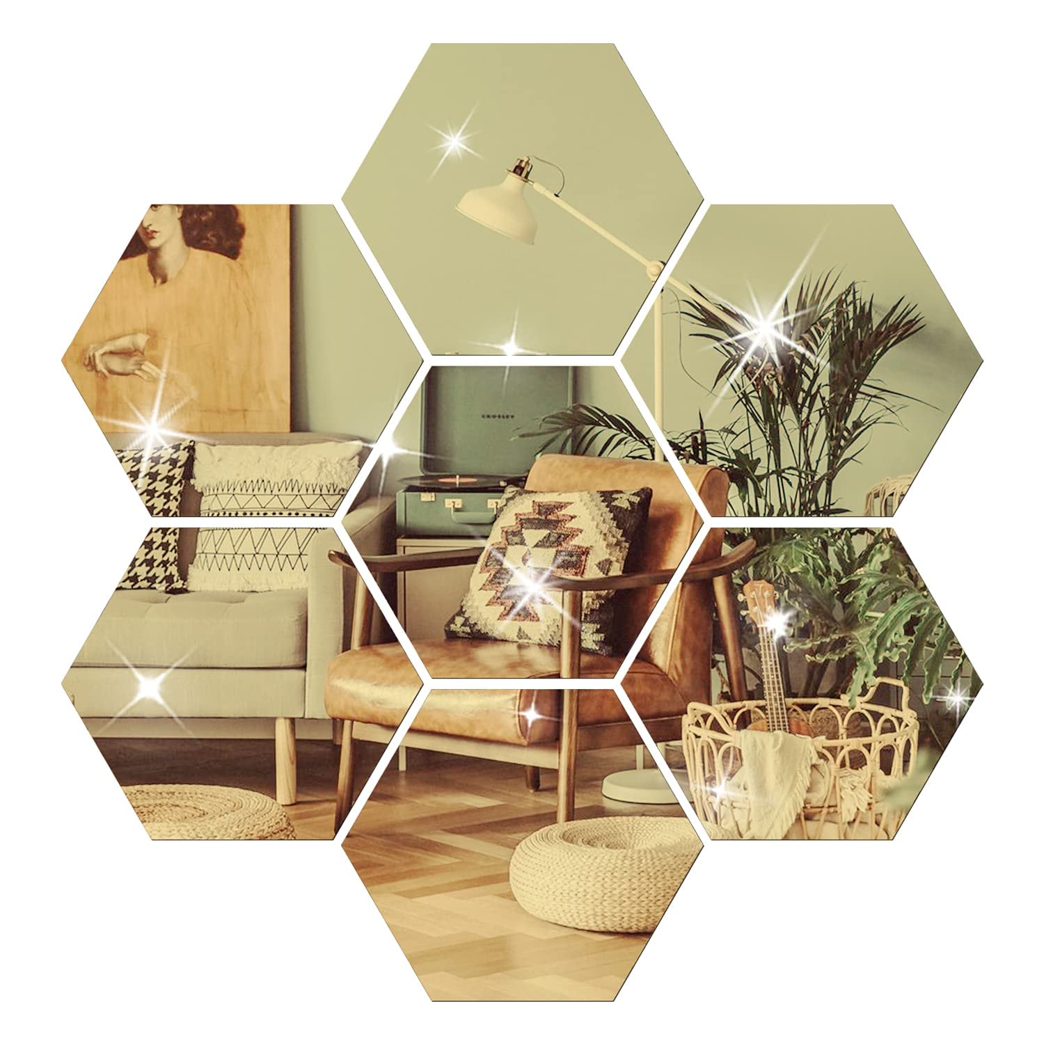 NAILDOKI Hexagon Mirror Wall Stickers, Gold, 12 Pack, gold mirror hexagon panel