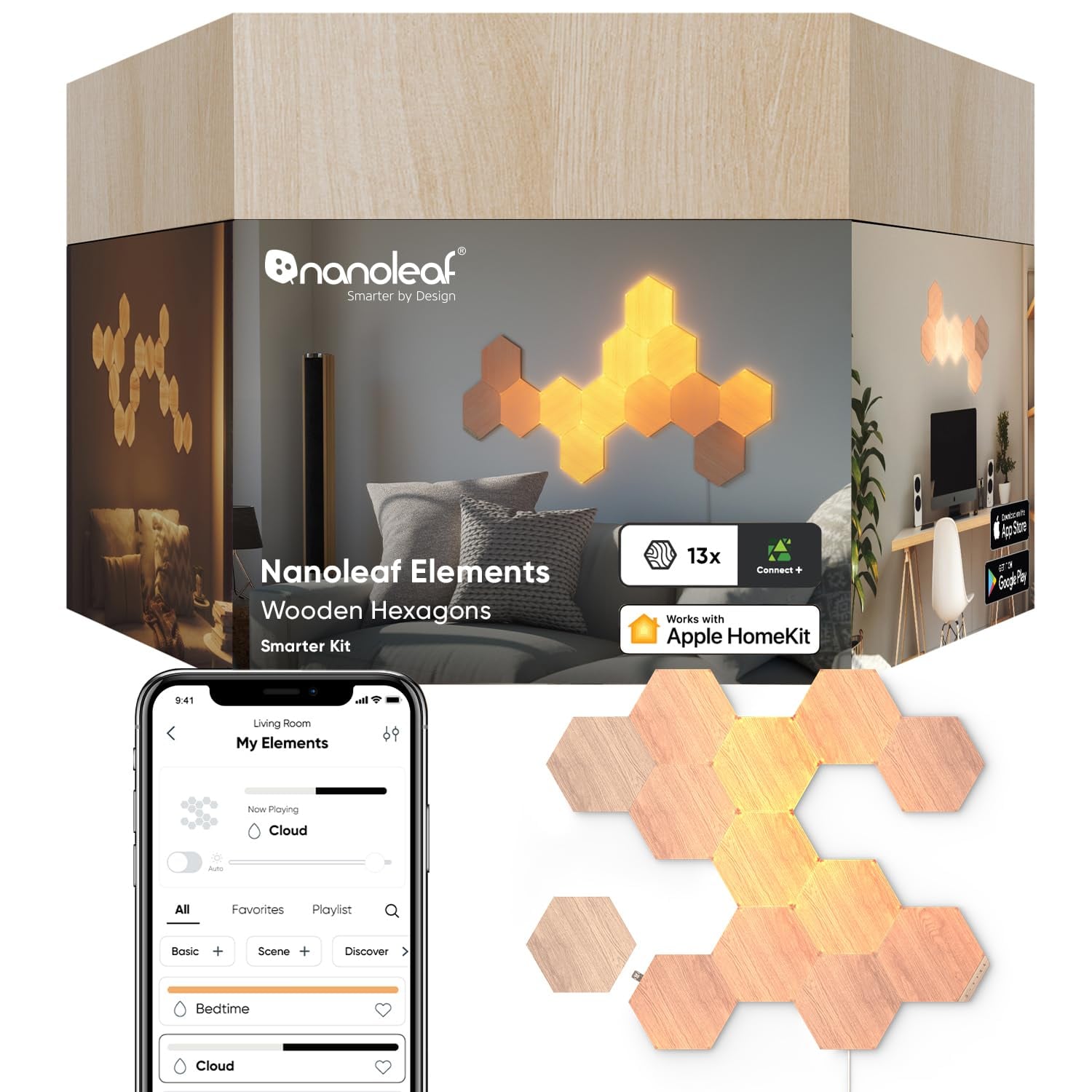 Nanoleaf Elements Hexagon Starter Kit, Wood Look, 13 Panels, wood look hexagon light panel