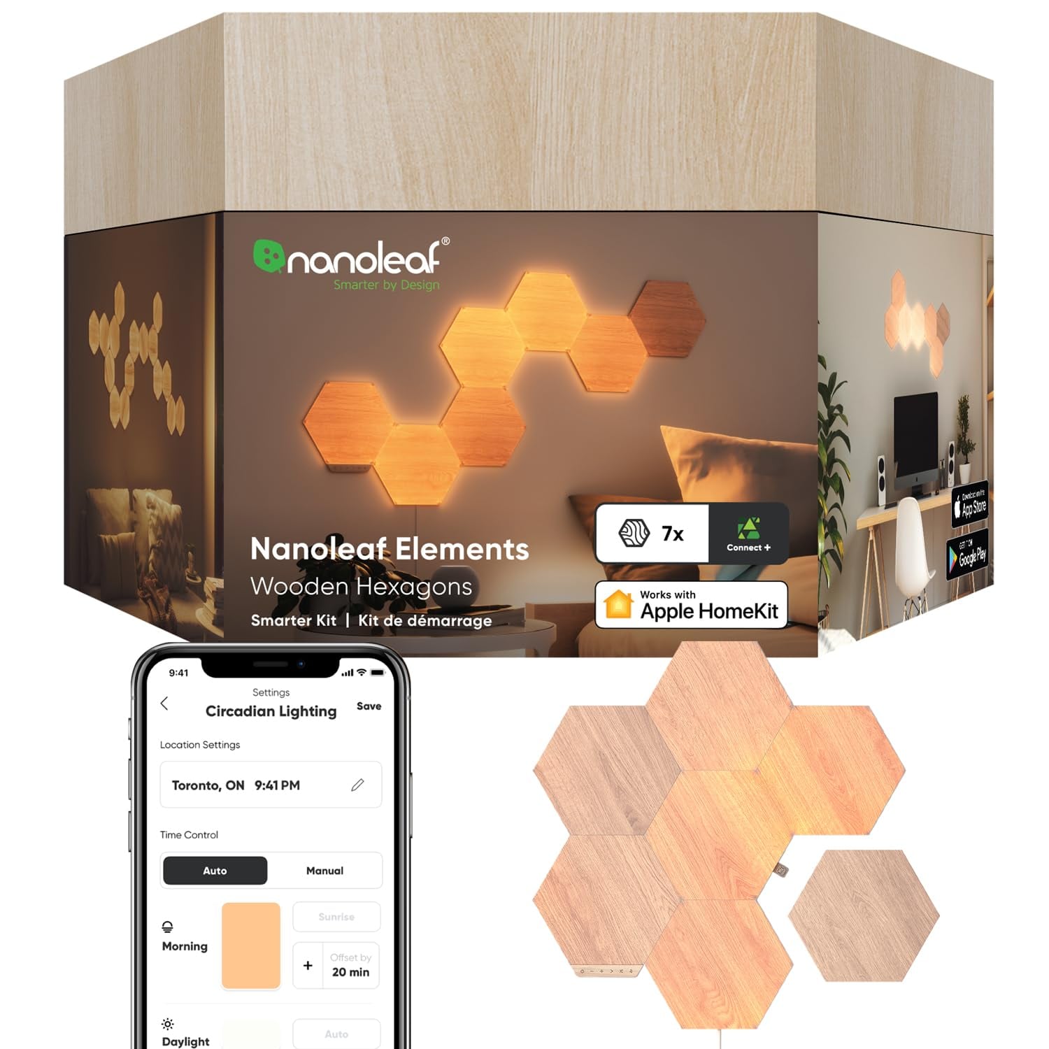 Nanoleaf Elements Hexagon Starter Kit, Wood Look, 7 Panels, wood look hexagon light panel