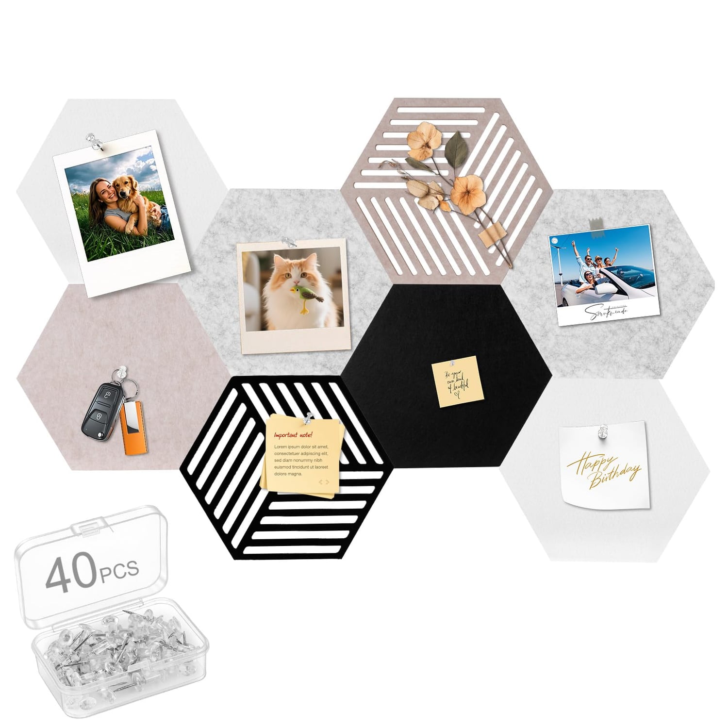 NUTKIT Hexagon Felt Bulletin Board, 30 x 26cm, 8 Pack, felt neutral hexagon pin board tile